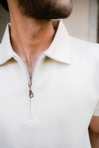 Men’s beige waffle knit zipper polo shirt – close-up  view
