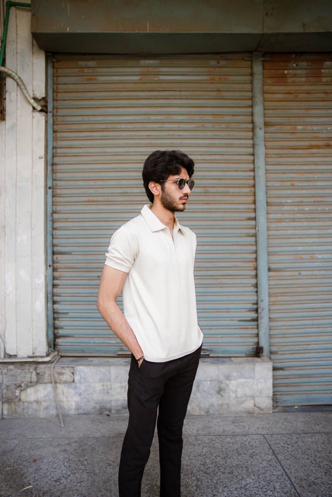 Men’s beige waffle knit zipper polo shirt – front view