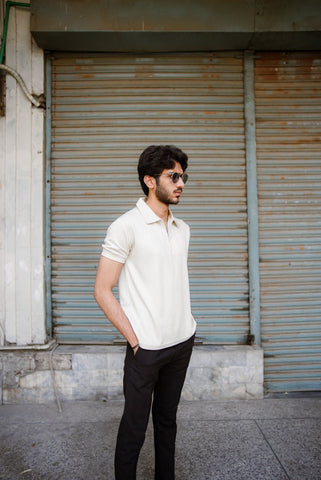 Men’s beige waffle knit zipper polo shirt – front view