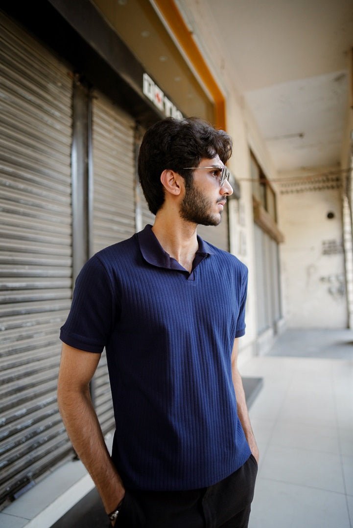 Men’s navy blue drop needle polo shirt