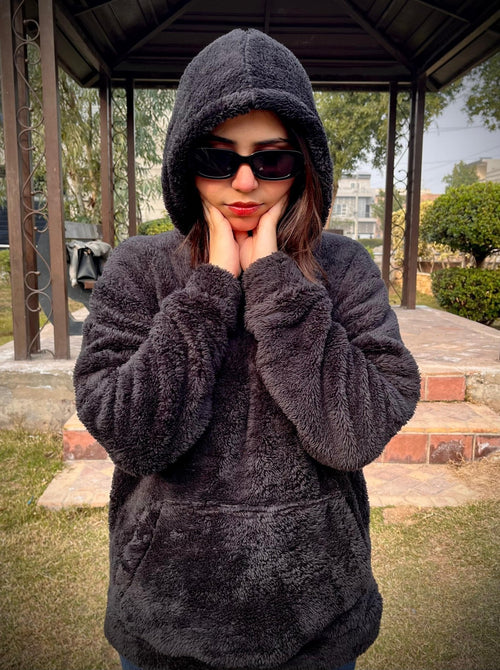 Teddy Fur Oversized Unisex Hoodie Black - Pardais