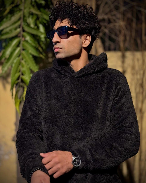 Teddy Fur Oversized Unisex Hoodie Black - Pardais
