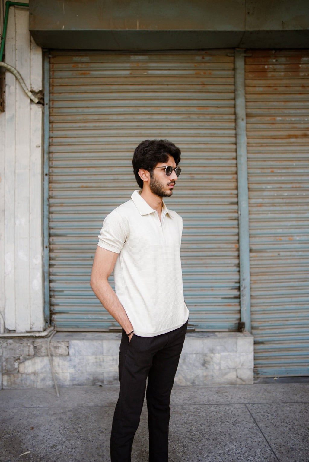 Men’s beige waffle knit zipper polo shirt – front view