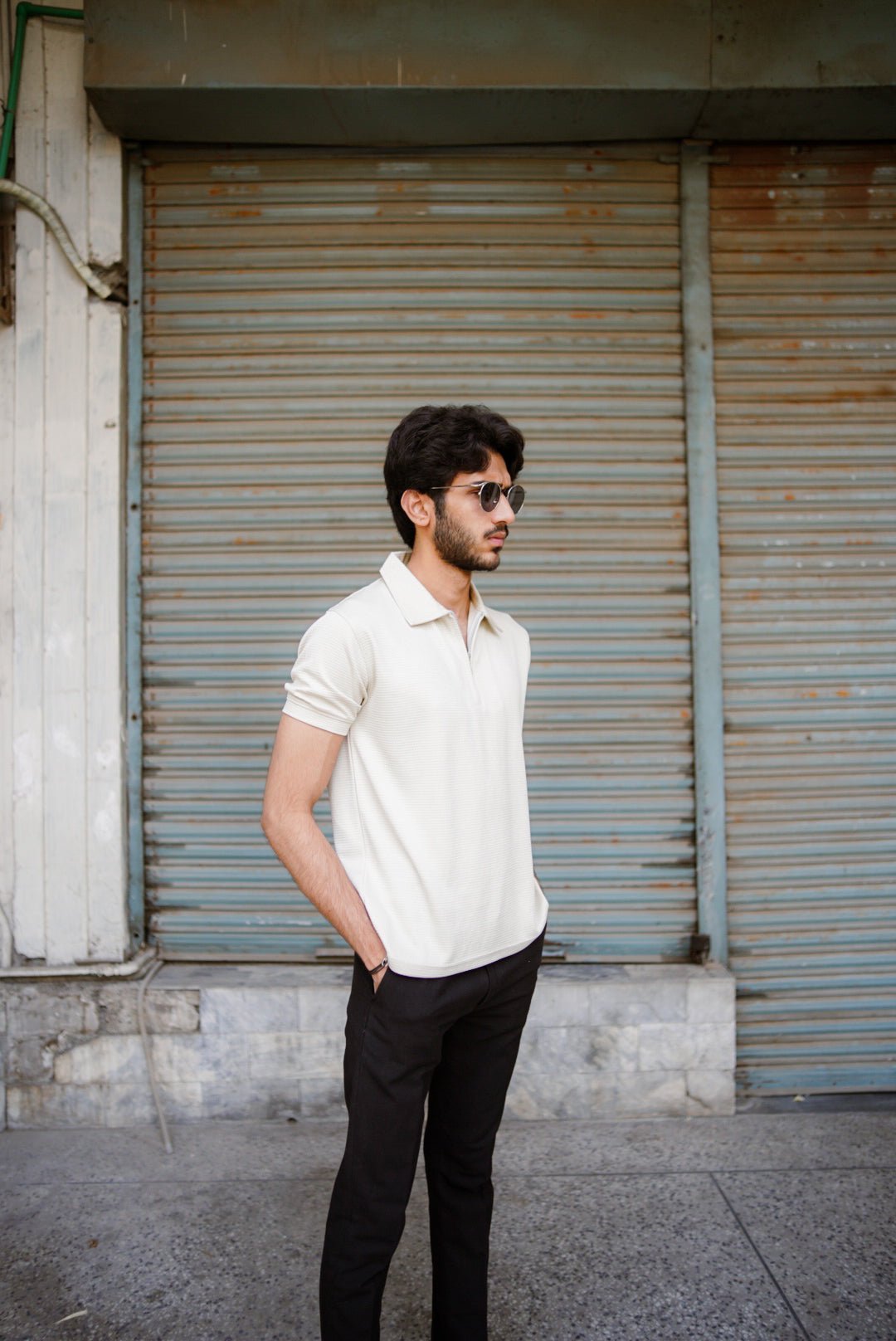 Men’s beige waffle knit zipper polo shirt – front view