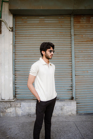 Men’s beige waffle knit zipper polo shirt – front view
